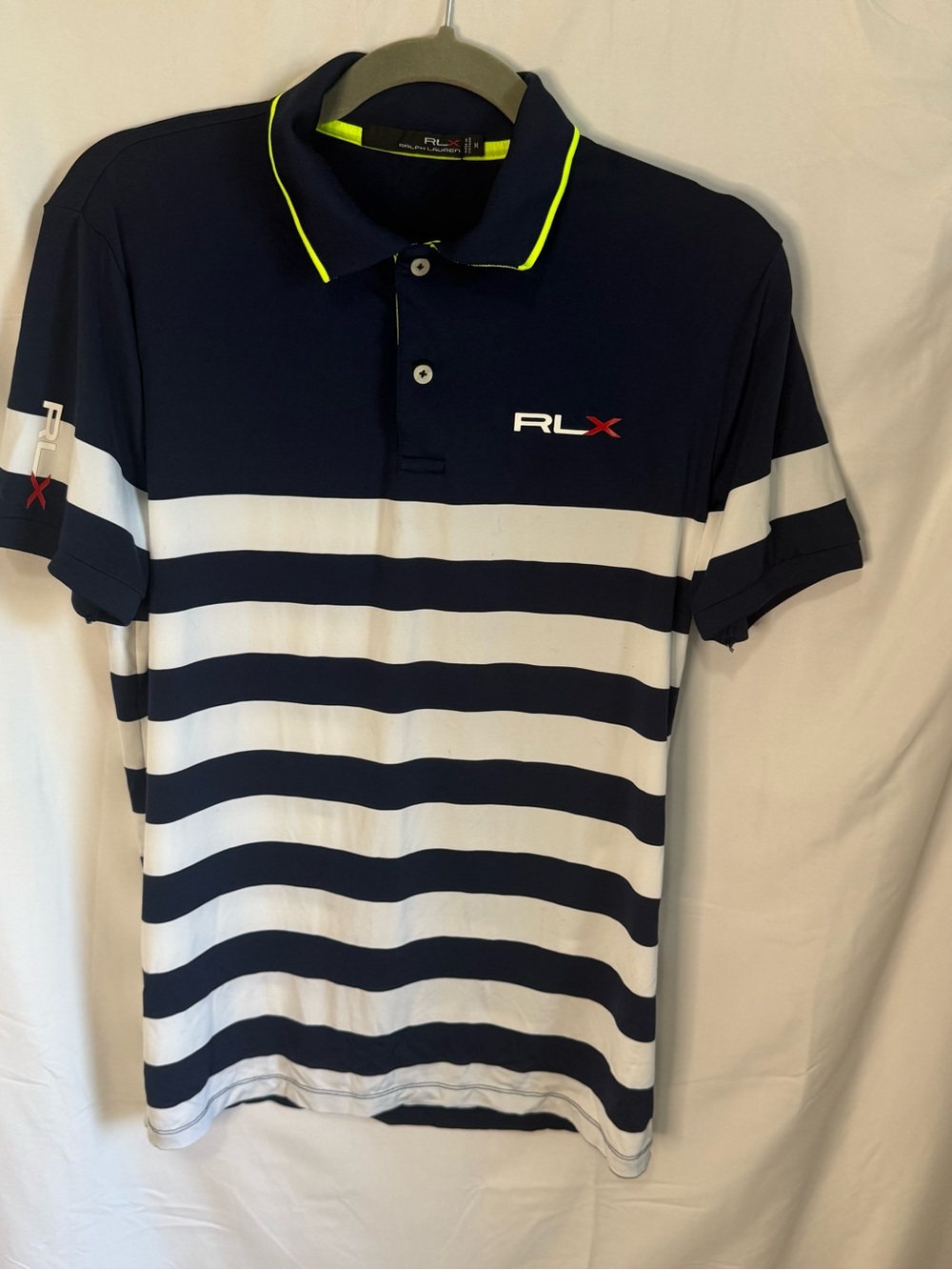Ralph Lauren RLX Navy, White & Neon-Trim Striped Polo Size M